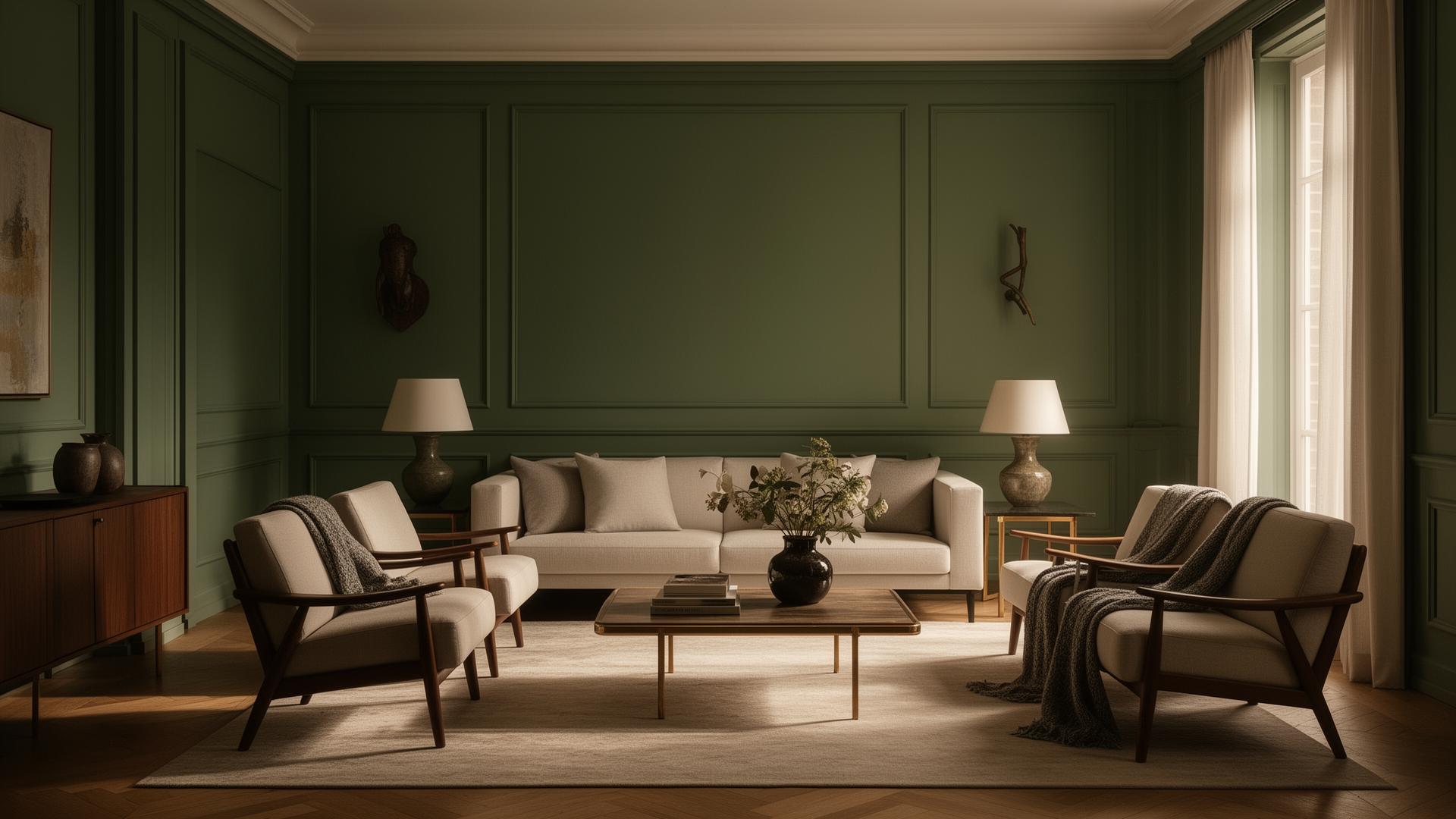 Editorial living room with sage green walls
